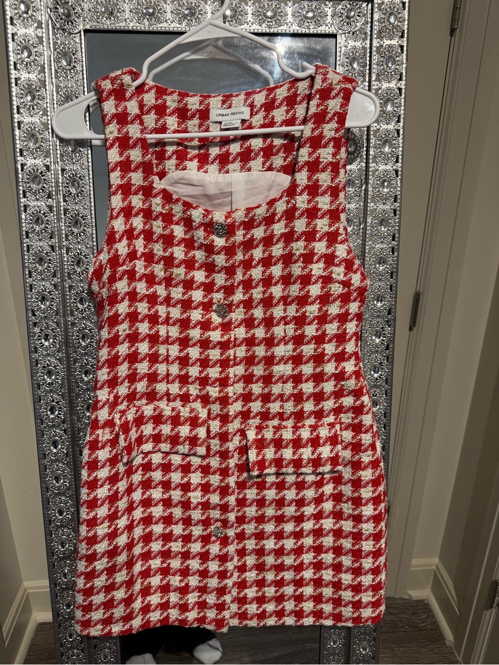 Red & White Houndstooth Sleeveless Mini Dress